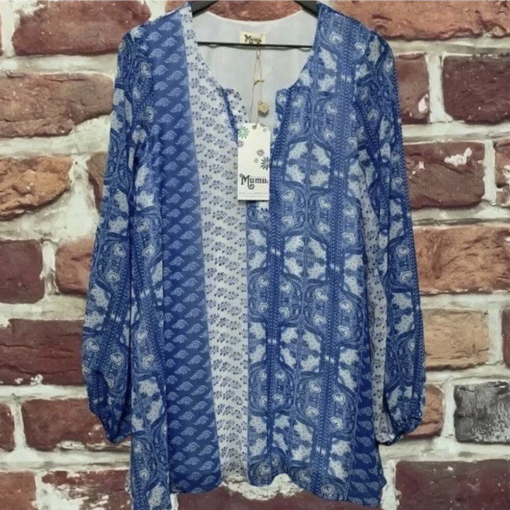 Show Me Your Mumu Tunic Top Women's Large Blue Boho Peasant Floral Casual Shirt